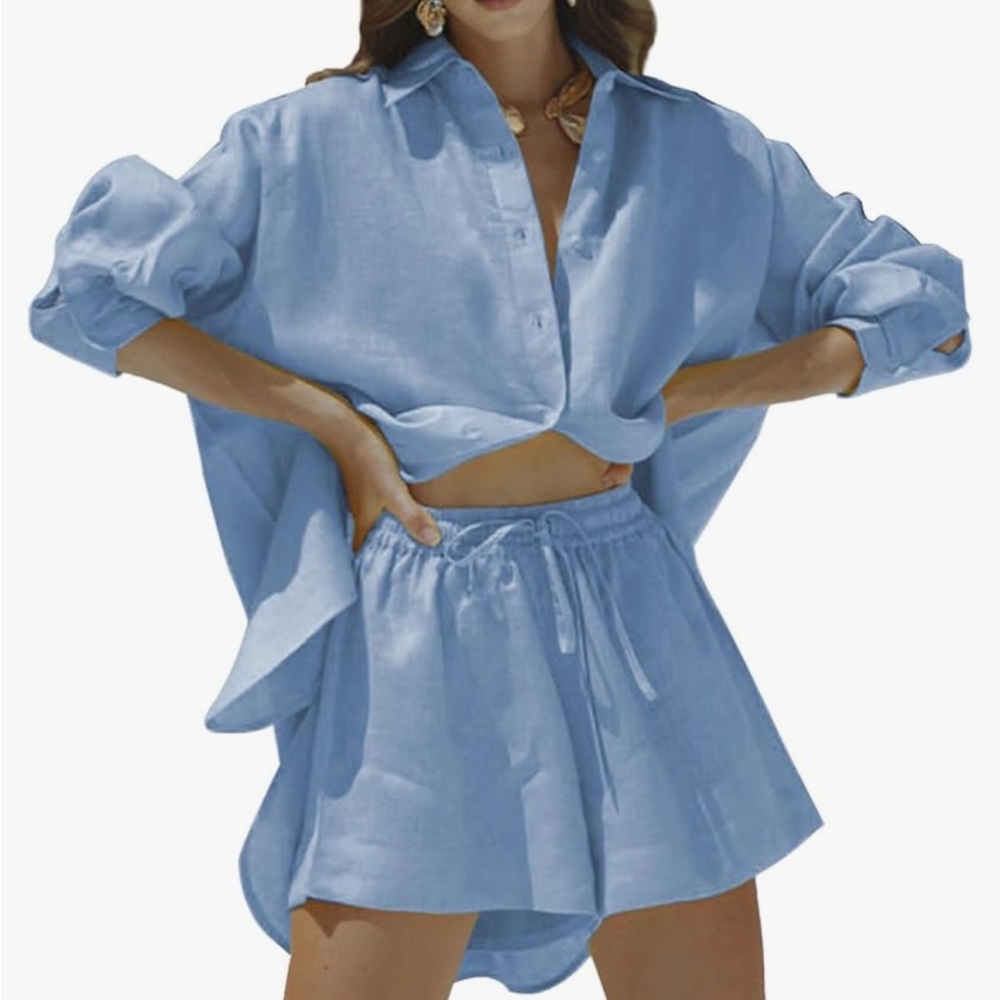 Fixmatti Women 2 Piece Outfits Long Sleeve Button Down Shirt and Shorts Set